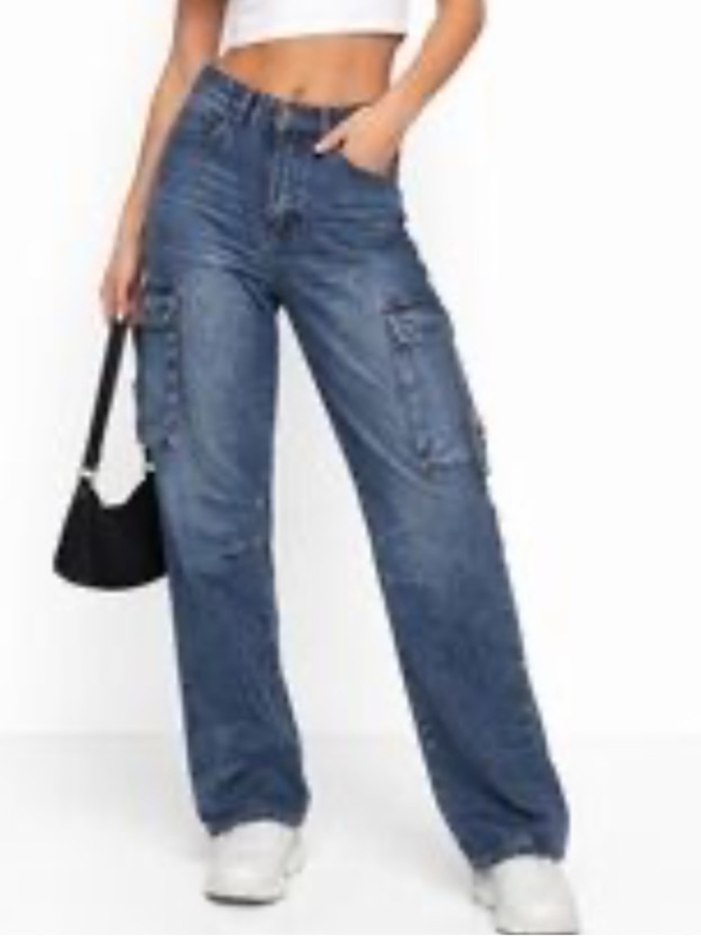 High Rise Baggy Cargo Jeans Wide Leg Skater Denim Medium Wash Size 5/27